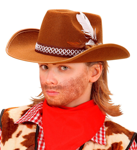 Klobouk kovbojský dětský s peřím hnědý filcový (3)